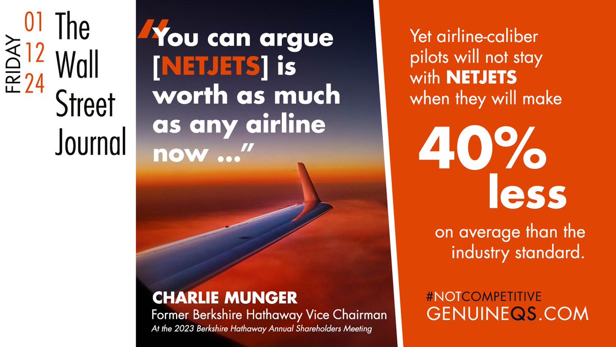 At the 2023 #BRK2023 Meeting, then-Vice Chairman Munger said, “You can argue [#OnlyNetJets] is worth as much as any airline now …” If #BRK wants to retain airline-caliber pilots, then market-rate wages are essential. #NotCompetitive #PilotShortage