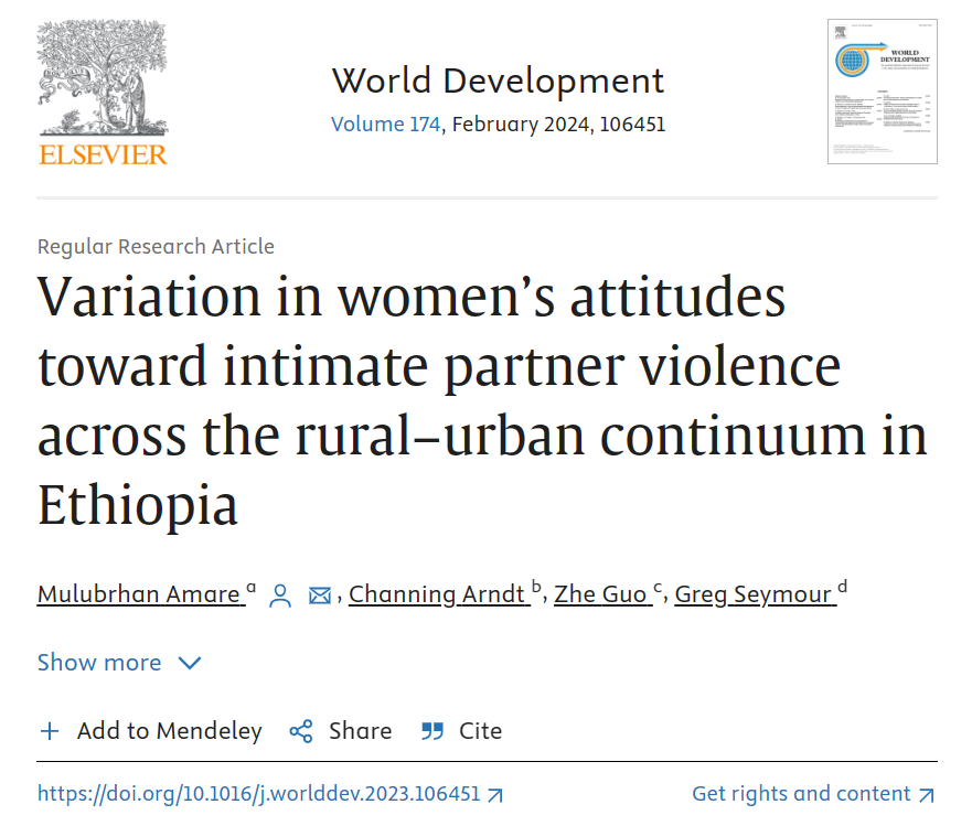 New study by <a href="/A_Mulubrhan/">Mulubrhan Amare</a>, <a href="/channingarndt/">Channing Arndt</a>, Zhe Guo, and Greg Seymour finds that #urbanization impacts women's attitudes toward intimate partner violence differently, showing specific effects across wealth indicator terciles. 🧵👇