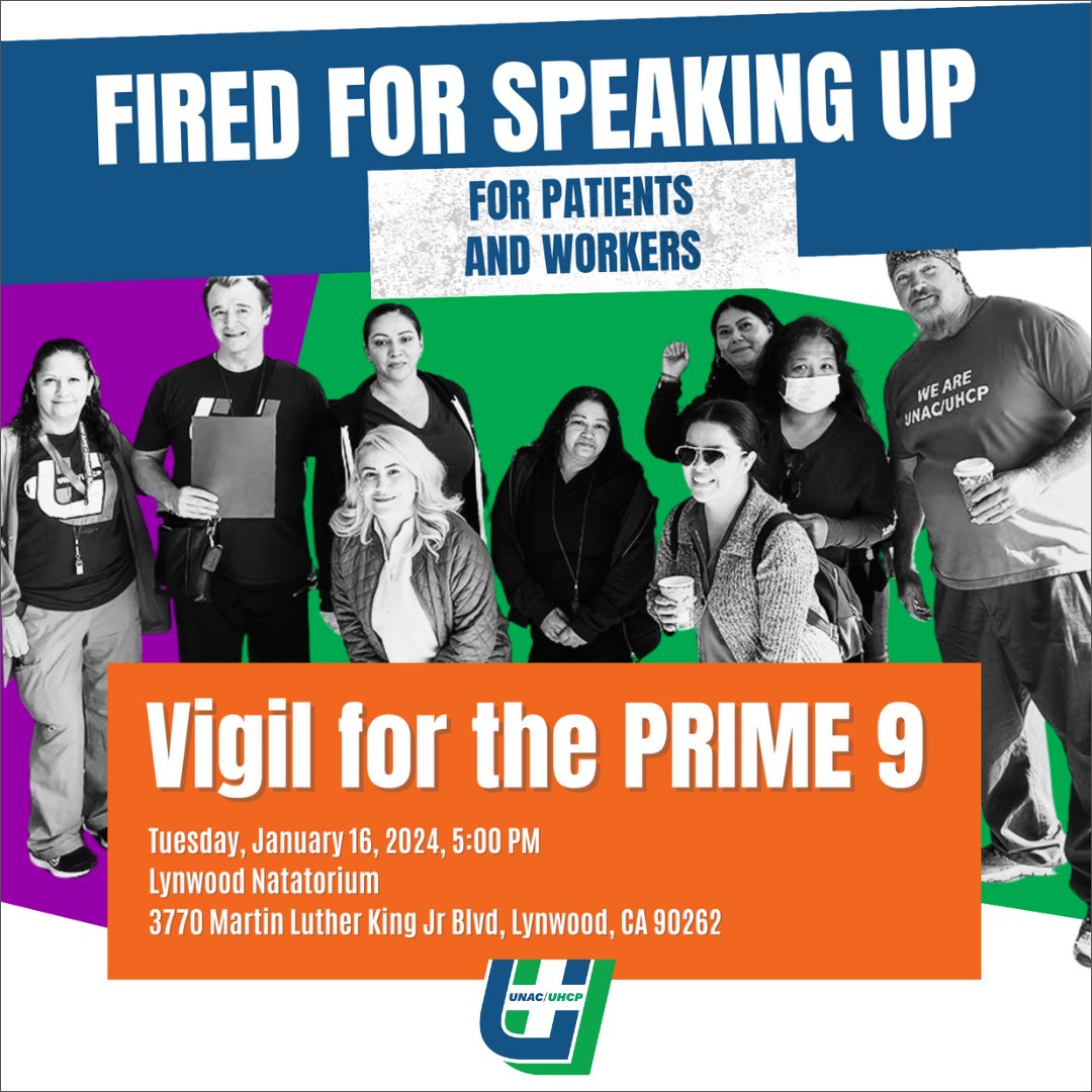 Leaders from @unacuhcp & @seiu_uhw were fired by @_PrimeHealth over the holidays for advocating for their patients and community. Patient Advocacy is NOT a Crime! #ReinstatePrime9 cc: @AGRobBonta @CAgovernor @CAPublicHealth @Cal_HHS @CalHospitals @CarmelaSCoyle