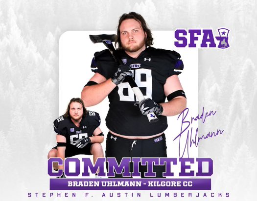 Braden Uhlmann (@bradenuhlmann) on Twitter photo After a great visit at SFA I’m proud to say I’m now a lumberjack!!! 💜🤍AGTG!
<a href="/CoachAlexander_/">Luke Alexander</a> <a href="/burgos_coach/">Coach Burgos</a> #MTXE @CoachBangSFA <a href="/CoachShaqPowell/">Coach Powell (Coach 🅿️)</a> #AxeEm After a great visit at SFA I’m proud to say I’m now a lumberjack!!! 💜🤍AGTG!
<a href="/CoachAlexander_/">Luke Alexander</a> <a href="/burgos_coach/">Coach Burgos</a> #MTXE @CoachBangSFA <a href="/CoachShaqPowell/">Coach Powell (Coach 🅿️)</a> #AxeEm