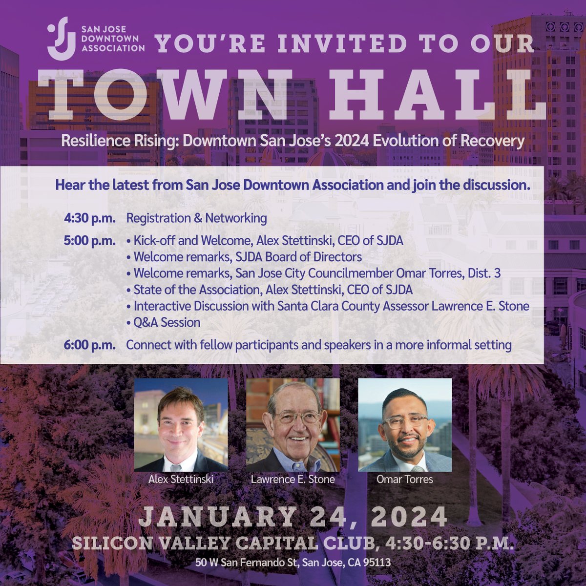 Have you registered for SJDA's Town Hall yet? On Jan. 24, we're taking a deep dive into #DTSJ's economic recovery over the past two years — plus a look forward at what might happen this year. 

➡️ Register at sjdowntown.com/town-hall