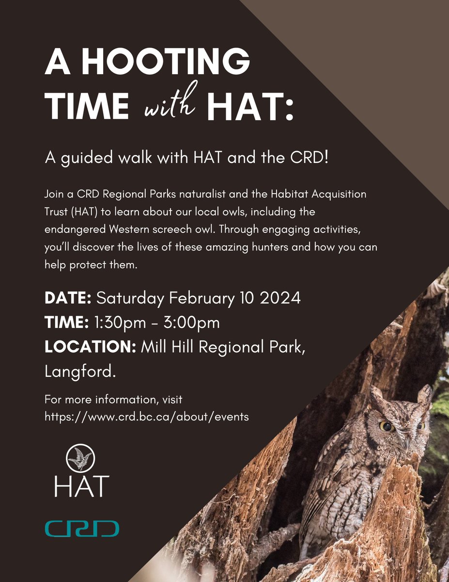 DATE: Saturday February 10 2024
TIME: 1:30pm - 3:00pm
LOCATION: Mill Hill Regional Park, Langford.

Meet at the information kiosk at the parking lot off Atkins Avenue.

For more information, visit crd.bc.ca/about/events/e…