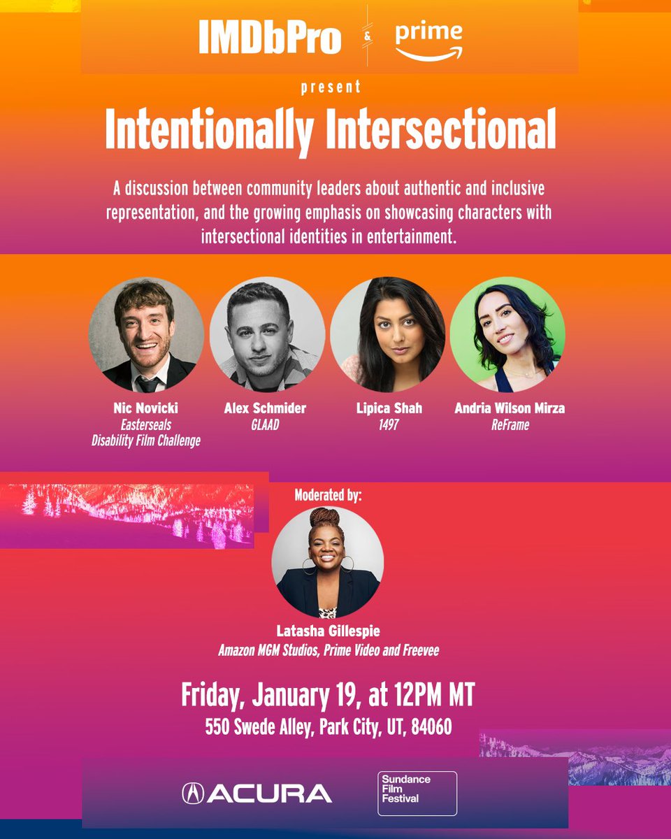 Who is coming to #Sundance this year?! If you are, join film challenge founder @nicnovicki on January 19th at 12PM for @IMDbPro and @PrimeVideo's Intentionally Intersectional panel moderated by @latashagillespie at @Acura's House of Energy. We'll be discussing authentic and…