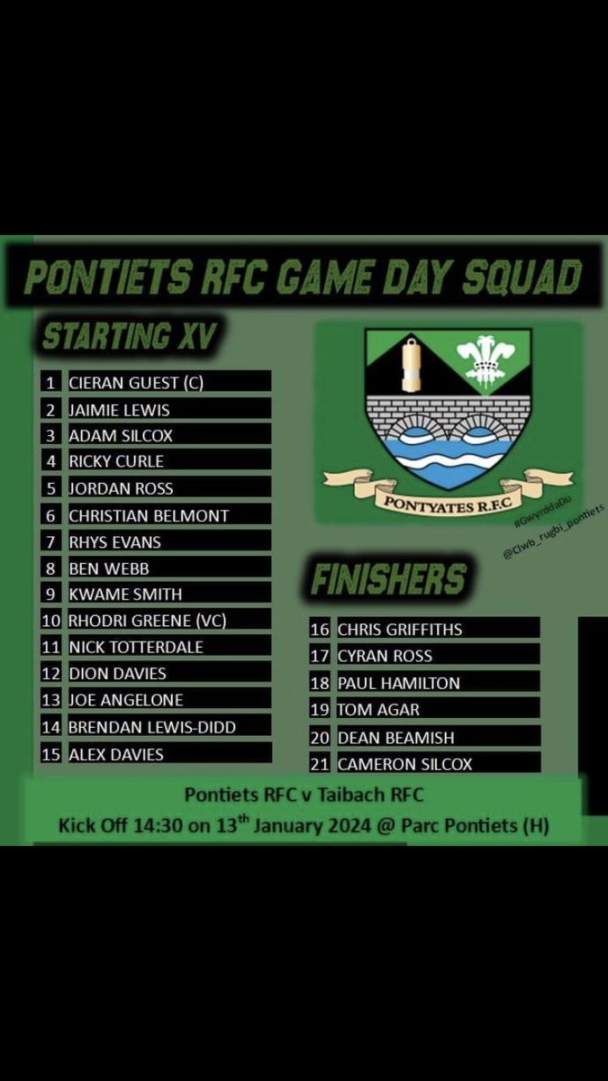 Clwb Rygbi Pontiets (@pontyatesrfc) on Twitter photo Tomorrow we welcome <a href="/TaibachRFC/">Taibach RFC</a> for out first home game of 2024. Come and show you support 🟢⚫️🟢⚫️ Tomorrow we welcome <a href="/TaibachRFC/">Taibach RFC</a> for out first home game of 2024. Come and show you support 🟢⚫️🟢⚫️
