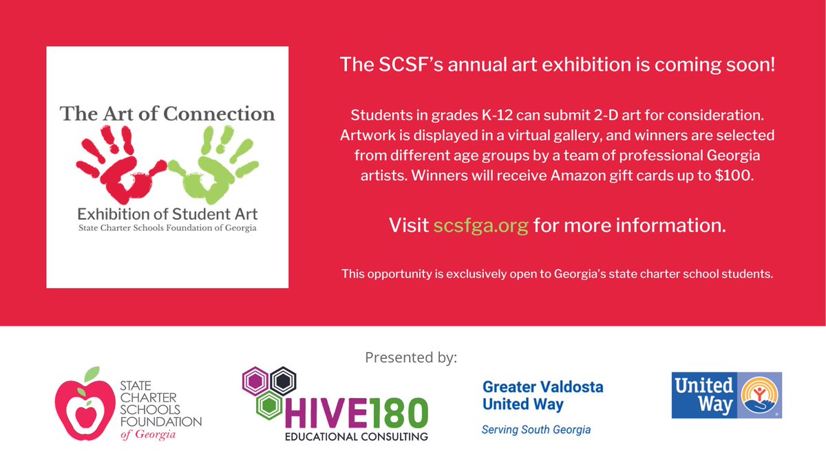 SCSFofGA's tweet image. Another reminder that the SCSF's annual Art of Connection: Exhibition of Student Art is coming soon! This opportunity is open to Georgia's state charter school students to showcase their creativity. See more information at scsfga.org.