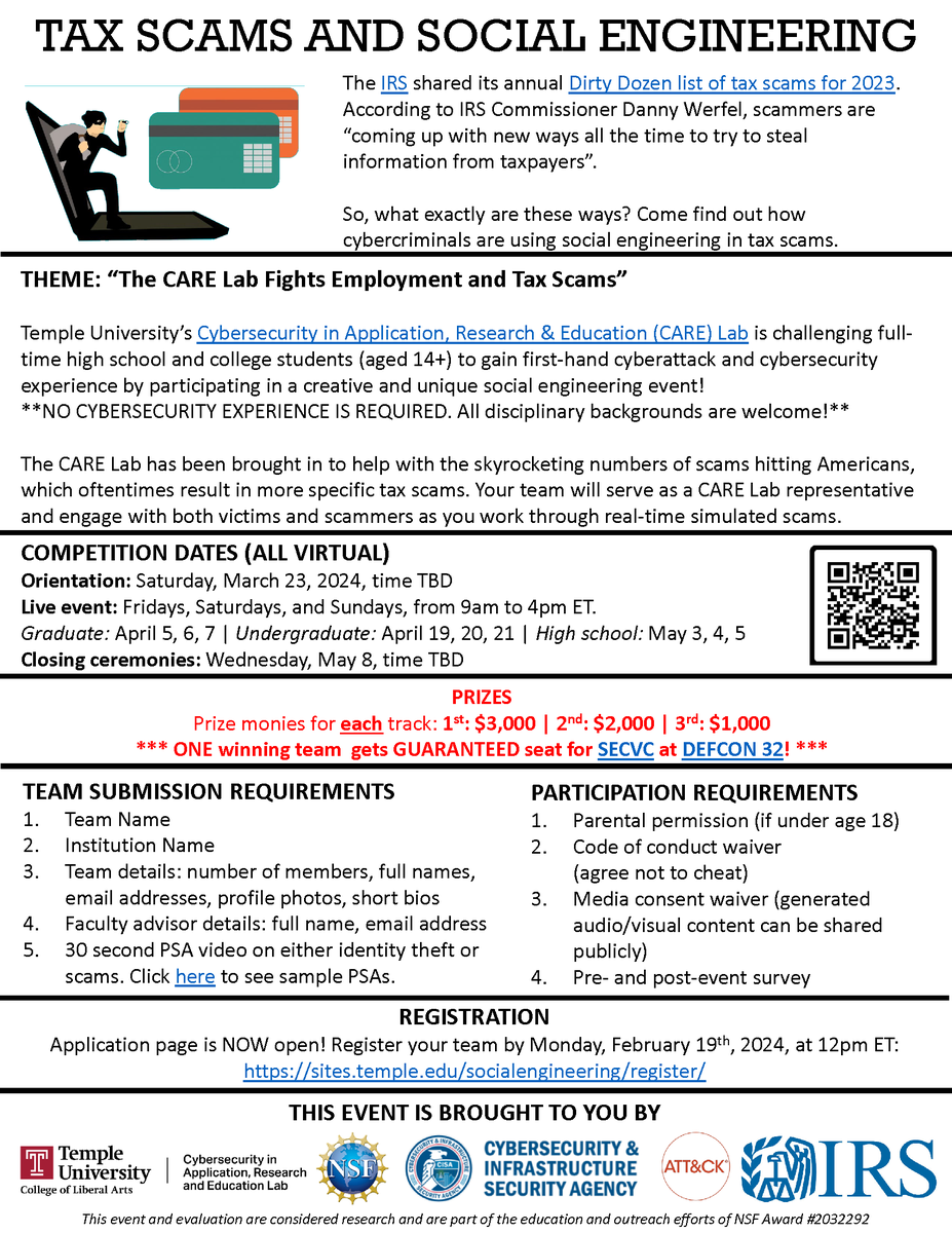 Applications are open for this year's Social Engineering Competition! Apply by noon ET on 2/19 Prizes for each track: 1st place: $3,000 2nd place: $2,000 3rd place: $1,000 AND 1 guaranteed seat for @sec_defcon's vishing competition at DEFCON 32!