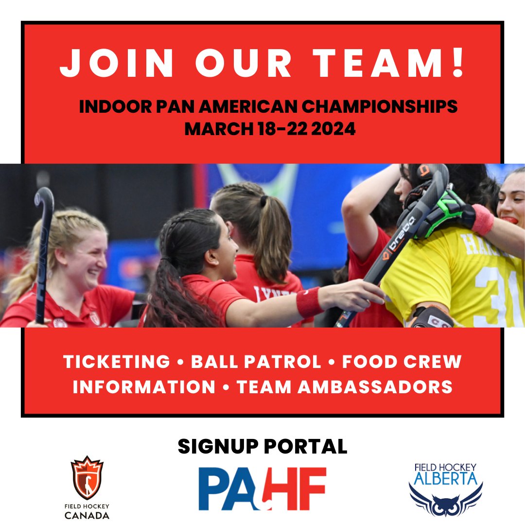 FHalberta's tweet image. Field Hockey Alberta is seeking volunteers for the upcoming Indoor Pan-American Cup from March 18-22. Whether you're a youth player, a proud parent, or a community member, we've got a spot for you! Let's make this championship unforgettable together! Link in bio. #FHA #FHC #IPAC