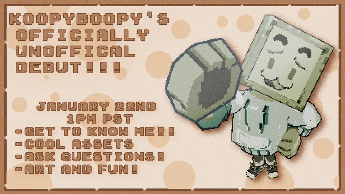 Koopy news! 📢📰
We got a date for the “debut” stream!!!
It’ll be a good get to know me, the plans I have for the year, and just overall chill time!! 🎉
Plus some art and Q&amp;A
Hope to see yall there :)
