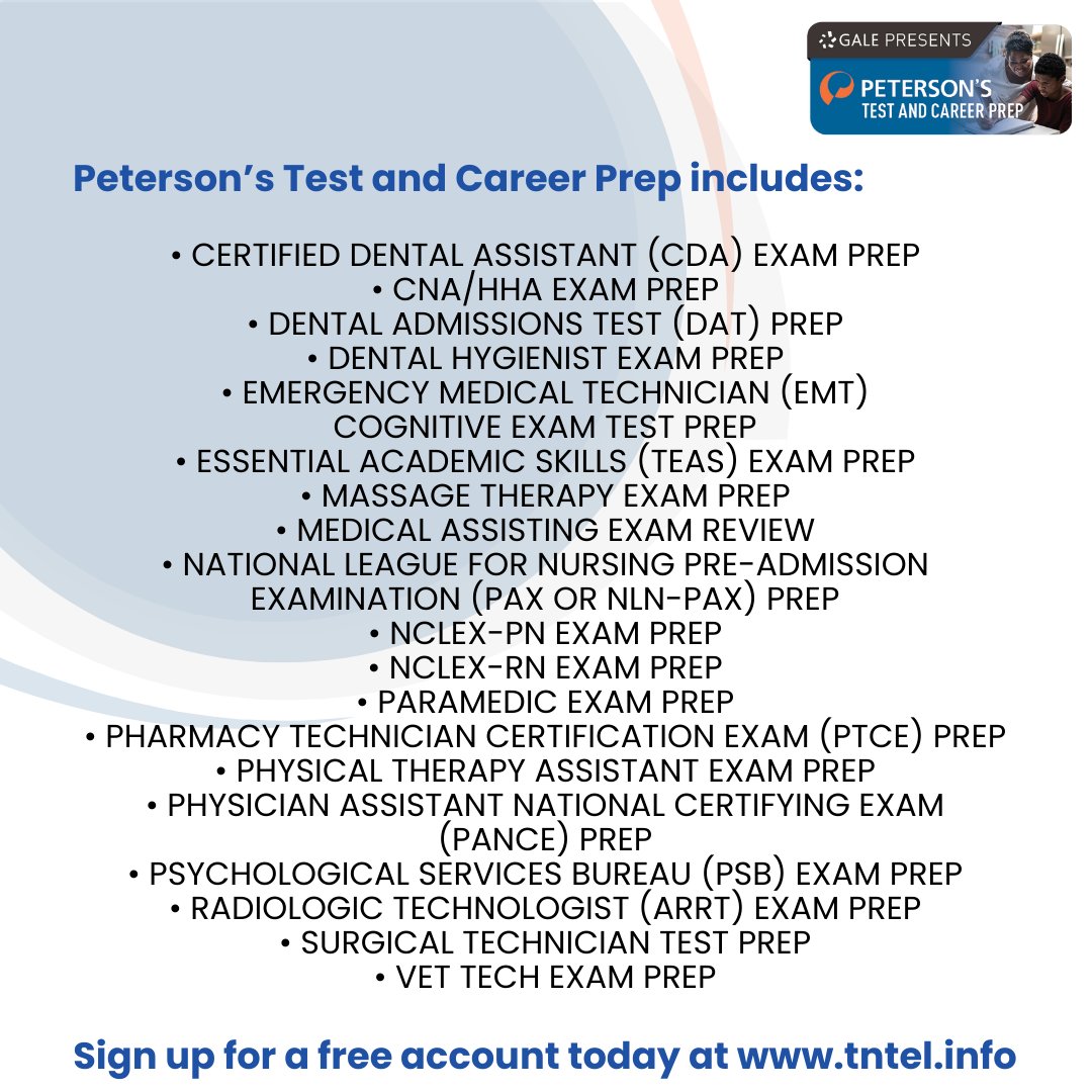 Peterson’s Test and Career Prep provides practice tests for many medical entrance exams and certifications including these and more!  Tennesseans can sign up for a free account using the Tennessee Electronic Library and start practicing today! #TennesseeElectronicLibrary