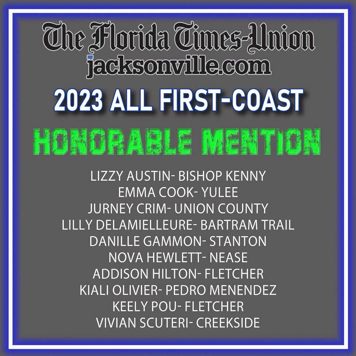 The Florida Times-Union released their All First-Coast Team:

- Mari King: PLAYER OF THE YEAR
- 1st Team: Mari King, Brooke Forkum and Claudia Stockard
- 2nd Team: Ashlyn Anderson, Taylor Teaman, Ariel Ross and Erica Duffy
- An additional 10 athletes were named Honorable Mention
