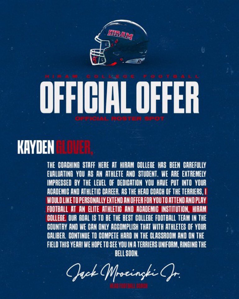 Extremely grateful to <a href="/Coach_Mro/">Coach Mro</a> and <a href="/Nate_D11/">Coach Dean</a> for providing me with an opportunity to continue playing at the next level at <a href="/Hiram_Football/">Hiram College Football</a> Thank you guys so much!