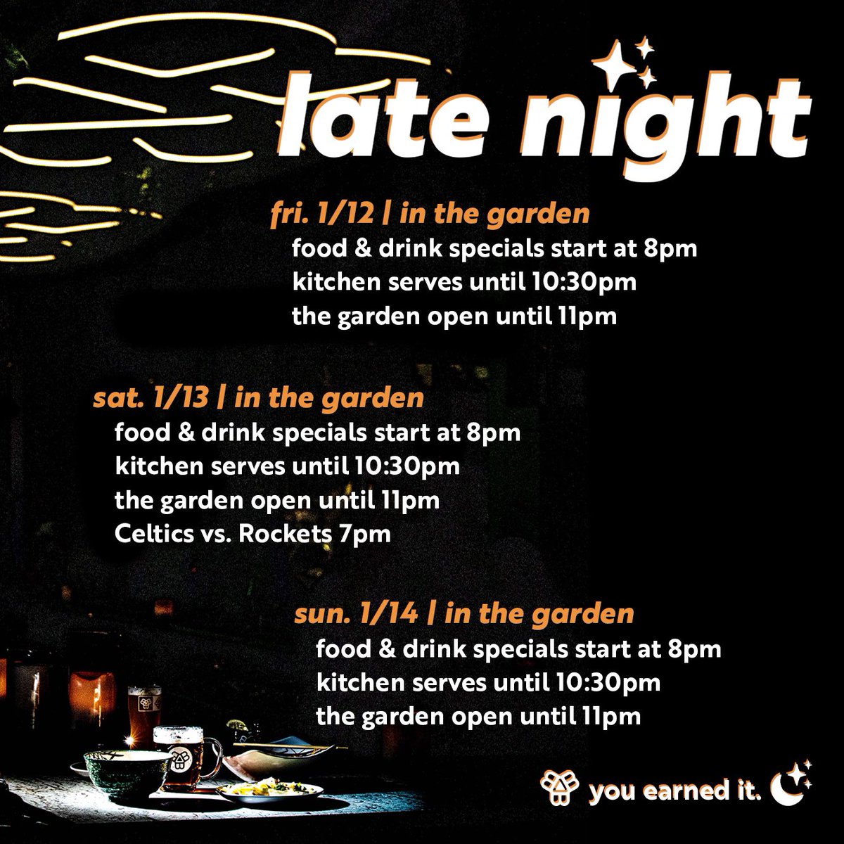Join us for Late Night this weekend in the Garden 🌙⭐ A BBQ-inspired menu and drink specials kick off at 8pm, and we’ll have basketball on the big screen Saturday.