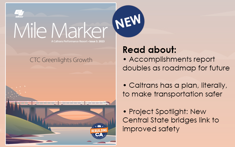CaltransHQ's tweet image. Check out the latest issue of Mile Marker: A Caltrans Performance Report:
• Accomplishments report doubles as roadmap for future
• Caltrans has a plan, literally, to make transportation safer
• New Central State bridges link to improved safety
And more! bit.ly/420HVqb