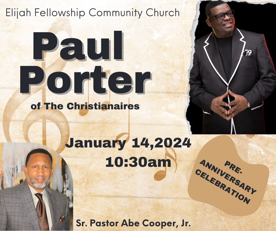 January is always exciting for Elijah Fellowship and this year is no different! We have a special guest THIS Sunday for a Pre-Anniversary Celebration! Join us Sunday at 10:30am as we enjoy the sounds of Paul Porter from The Christianaires!
311 Roaring Springs Dr. Desoto, TX 75115