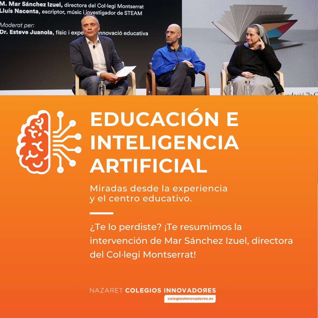 Ayer, @MarIzuel, dtra d @colemontse @coleinnovadores, participó en el debate “Educación e #IA. Miradas desde la experiencia y el centro educativo”, junto a Lluís Nacenta y Esteve Juanola. Te lo perdiste? Te compartimos algunas de las ideas de su intervención! #IAenEducación👇🧵