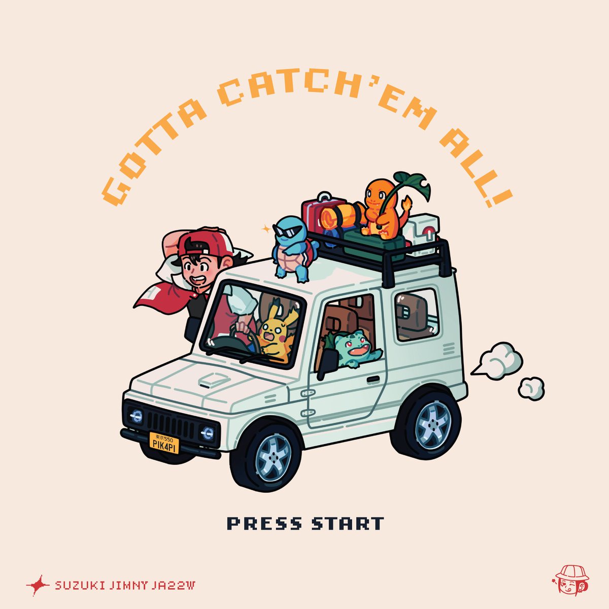 フシギダネ ,ヒトカゲ ,ピカチュウ ,レッド(ポケモン) ,ゼニガメ 「Gotta Catch'Em All!  Gen 1 Pokémon supre」|voz art 🌱のイラスト