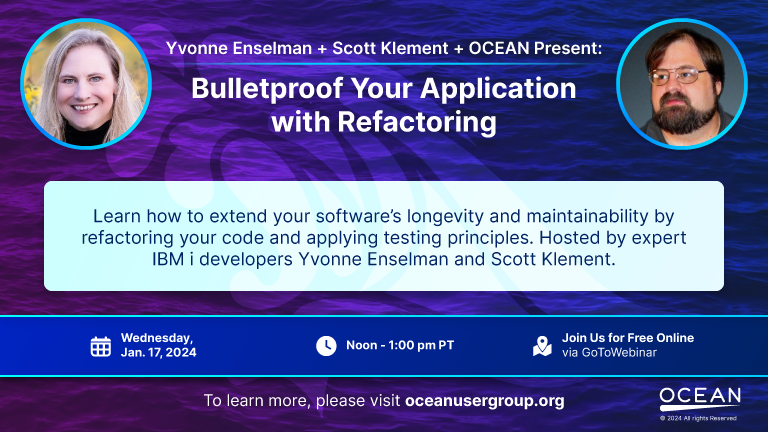 Register now &amp; join us this Wednesday, Jan. 17th, when #IBMi Experts Yvonne Enselman &amp; Scott Klement explain how to Bulletproof your Apps with Refactoring! Start 2024 with the best code! <a href="/darkbagel/">Scott Klement</a> <a href="/MidrangDynamics/">Midrange Dynamics</a> <a href="/enselman/">Von Enselman</a> attendee.gotowebinar.com/register/71359…