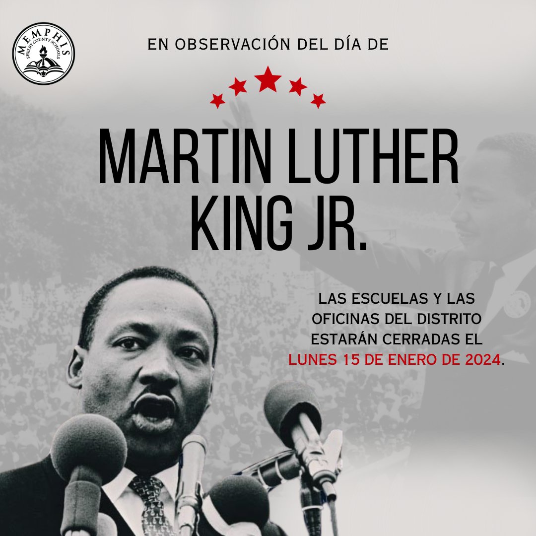 As we honor the legacy of Dr. Martin Luther King Jr., all our District schools and offices will be closed on Monday, January 15.

#MLKDay #Inspiration #TogetherWeStand