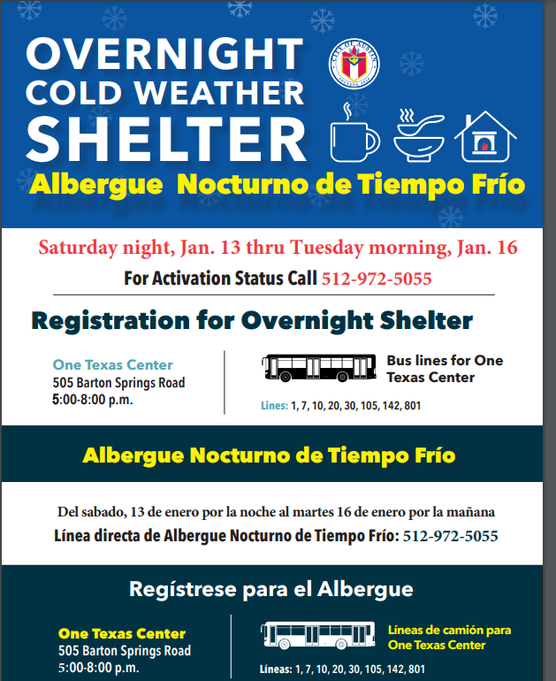 City of Austin ACTIVANDO DE ANTEMANO para el Refugio para Clima Frío, a partir de mañana sábado 13/1/24. COA are ADVANCE ACTIVATING for Cold Weather Shelter, starting tomorrow Saturday 1/13/24.