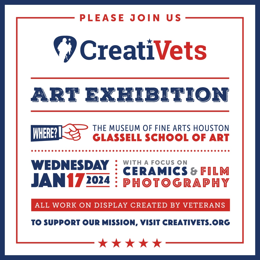 🎨 Join us this Wednesday for a truly inspiring evening at the Glassell School of Art! 🇺🇸✨ This is a unique opportunity to view the amazing pieces veterans have created during our art program for the last two weeks. See you there, Houston! 🙌🏼❤️ 
#CreatiVets #VeteranArt