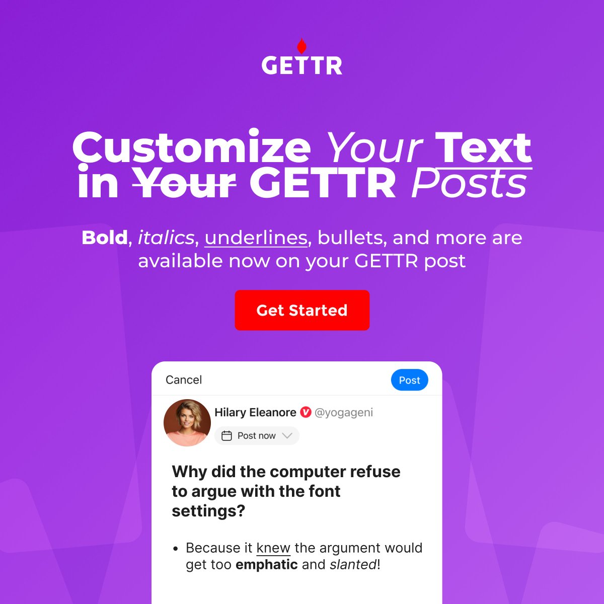 Customize the text on your posts, only on GETTR! Tap the 'Aa' icon under your post to bold, underline, and more. You can learn more here: support.gettr.com/hc/en-us/artic…