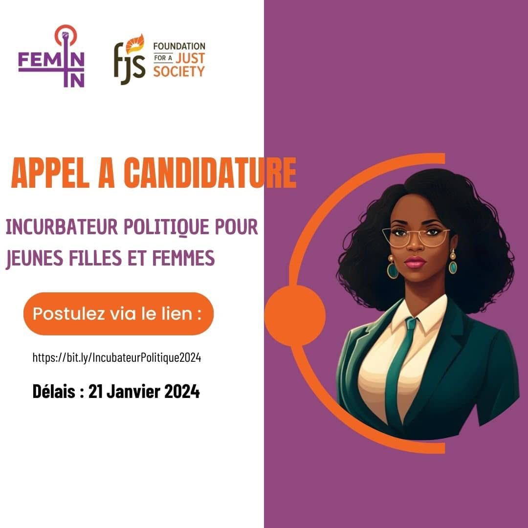 <a href="/Femin_in_BF/">Femin-In</a> avec le soutien financier de <a href="/FJS/">FJS</a> lance l’#appelàCandidature 
pour la cohorte 2024 de l'Incubateur Politique pour Jeunes Filles et Femmes.

Déposez vos candidatures avant le 21 Janvier 2024 à 23h59 GMT+0 à travers le lien suivant : bit.ly/IncubateurPoli…

#Politique