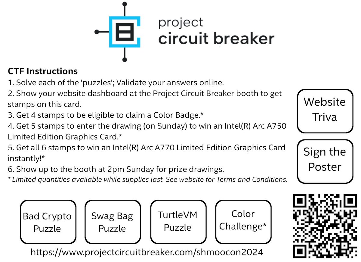We hope you enjoyed Day 1 of #ShmooCon. #ProjectCircuitBreaker will return to the booth at 10 a.m. EST tomorrow to stamp your cards when you show your solved puzzle.