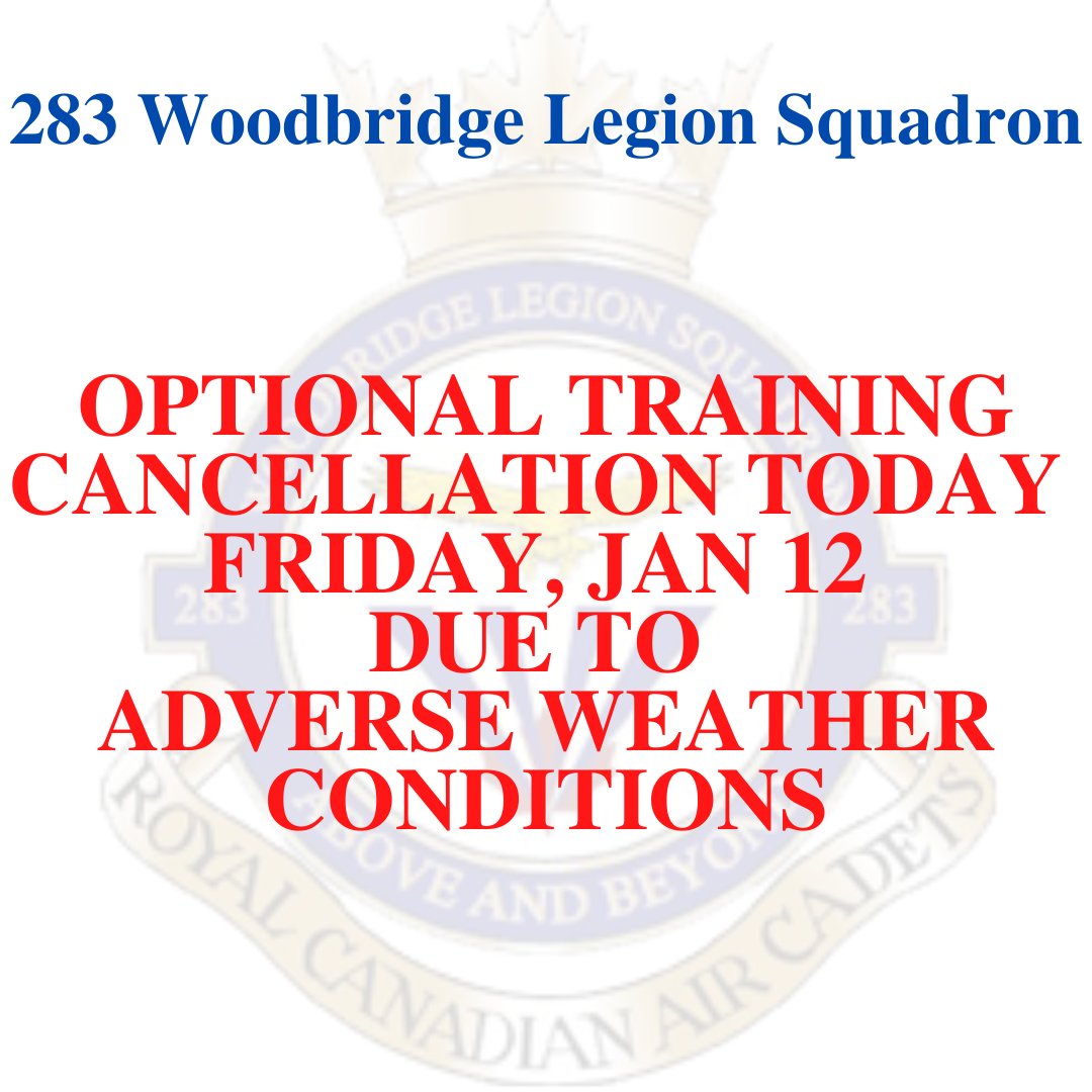 Please be advised that optional training will be cancelled TODAY, Friday, January 12 due to adverse weather conditions.