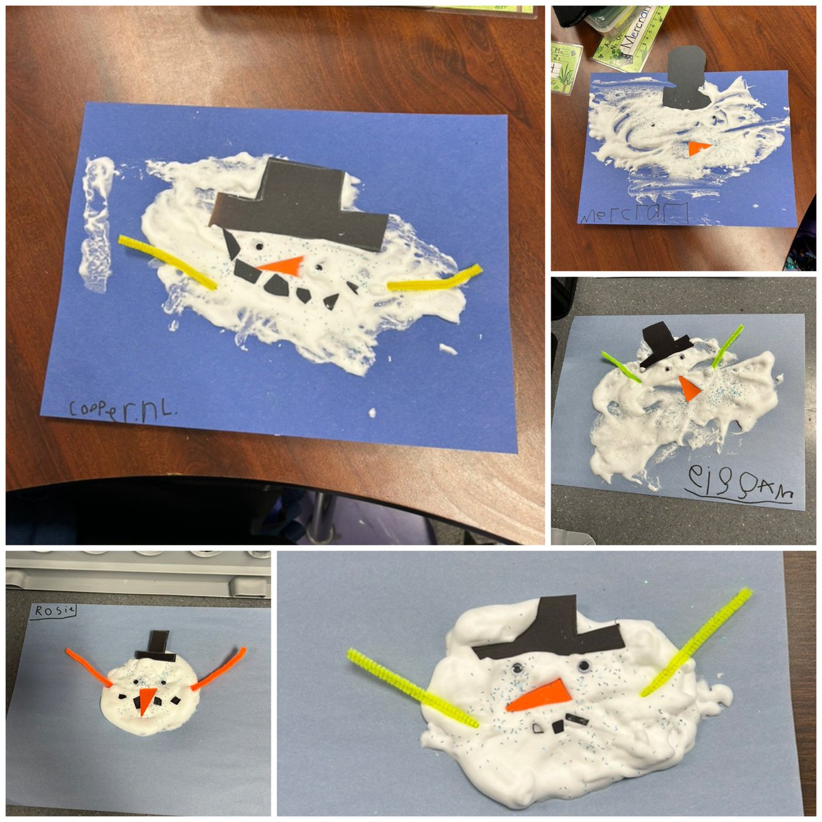 Finished our week of reading Snowmen at Night by making some puffy paint and turning it into melted snowmen! ⛄️ 🥕🎩🧣#WEareLakota @HeritageECS ❤️🤍