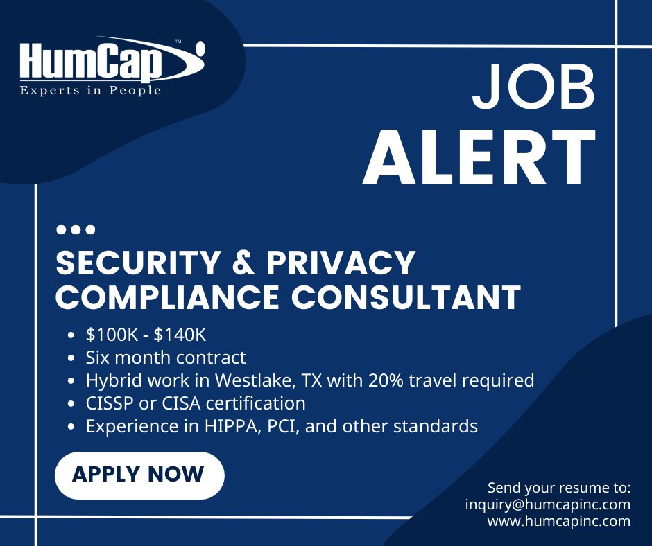 🚨Hiring Now: Security & Privacy Compliance Consultant🚨

Do you have 3+ years of security consulting experience? If so - we'd love to talk. Click here to learn more: hubs.la/Q02gkpm40

#recruiting #hiringnow #consultingjobs #txjobs