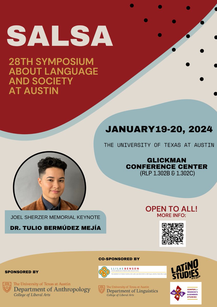 Join us at SALSA 28 on January 19-20, 2024 at The University of Texas at Austin!
Dr. Tulio Bermúdez Mejía will give the Joel Sherzer Memorial Keynote
See the program at sites.utexas.edu/.../2024/01/SA…
Registration if free!