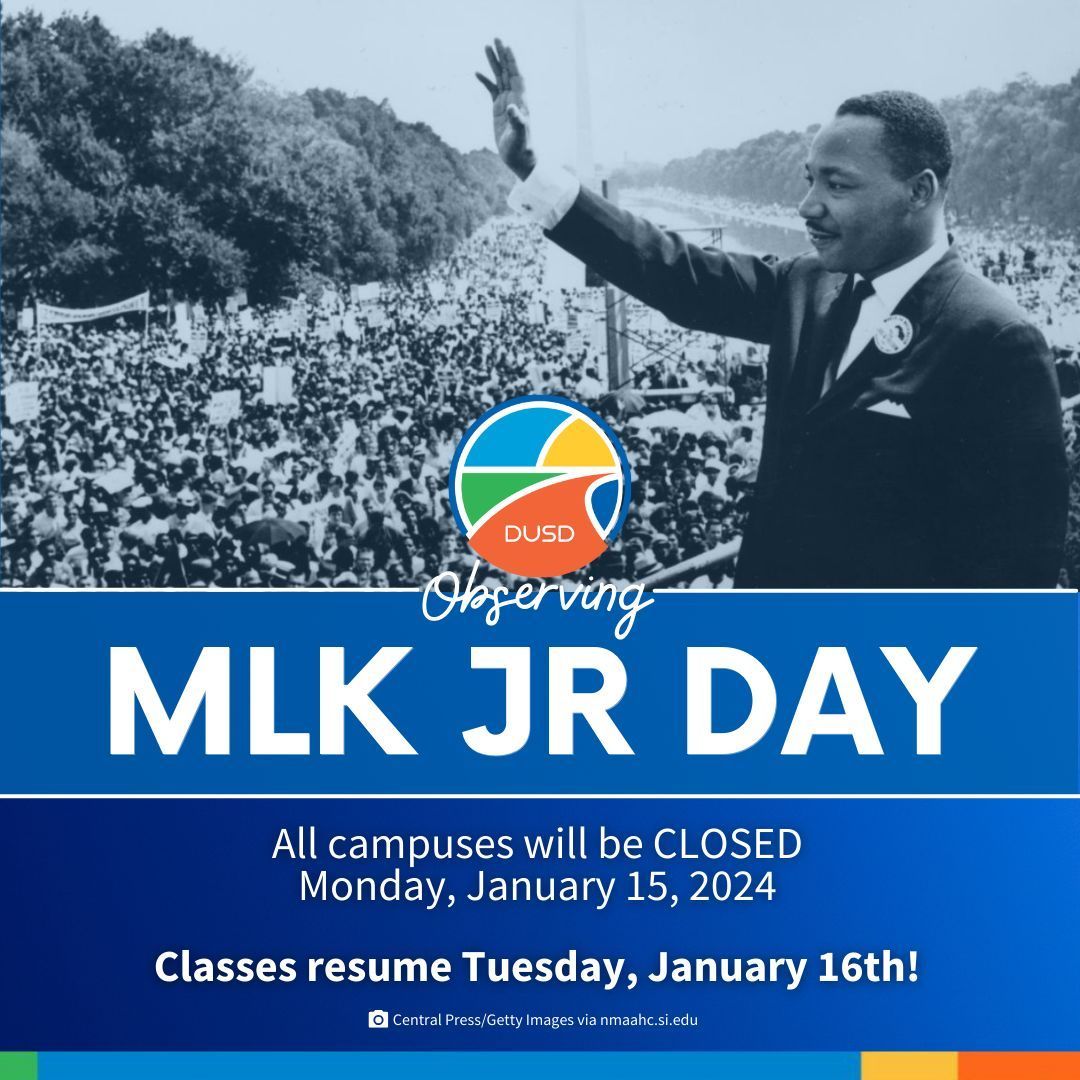 DowneyUnified's tweet image. In observance of the Martin Luther King, Jr. holiday, our schools and district office will be closed on Mon., 1/15. Classes will resume on Tue., 1/16. Have a restful and safe long weekend, DUSD!

#downeyunified #ourkidsdeservethebest #MLKDay