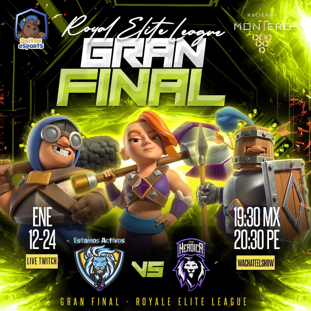 Estamos Activos (@estamosactivocr) on Twitter photo 🌐|#ClashRoyale
🦁|#EA
🎙️|#Caster
<a href="/BastianShow11/">Wachate el Show</a>
📺|twitch.tv/wachateelshow
🏆|<a href="/RoyalEliteLeag/">Royal Elite League</a>
🆚|<a href="/Heroica_Team/">Team Heroica</a>
🛡️|#Final
⏰|18:30 🇵🇪 - 20:30 🇦🇷
🗣️|#Staff
👩|<a href="/Vanne10G/">Vănnë</a>
🧑🏻🍳|@JorgeLightCR
🎙️|<a href="/BastianShow11/">Wachate el Show</a>
👨💼|#CEO
<a href="/PipyThebest/">Pipy Thebest</a>
<a href="/OsitosEsports/">Ositos eSports</a>
🔯|#Sponsor
🌐|#HaciendaMontero 🌐|#ClashRoyale
🦁|#EA
🎙️|#Caster
<a href="/BastianShow11/">Wachate el Show</a>
📺|twitch.tv/wachateelshow
🏆|<a href="/RoyalEliteLeag/">Royal Elite League</a>
🆚|<a href="/Heroica_Team/">Team Heroica</a>
🛡️|#Final
⏰|18:30 🇵🇪 - 20:30 🇦🇷
🗣️|#Staff
👩|<a href="/Vanne10G/">Vănnë</a>
🧑🏻🍳|@JorgeLightCR
🎙️|<a href="/BastianShow11/">Wachate el Show</a>
👨💼|#CEO
<a href="/PipyThebest/">Pipy Thebest</a>
<a href="/OsitosEsports/">Ositos eSports</a>
🔯|#Sponsor
🌐|#HaciendaMontero