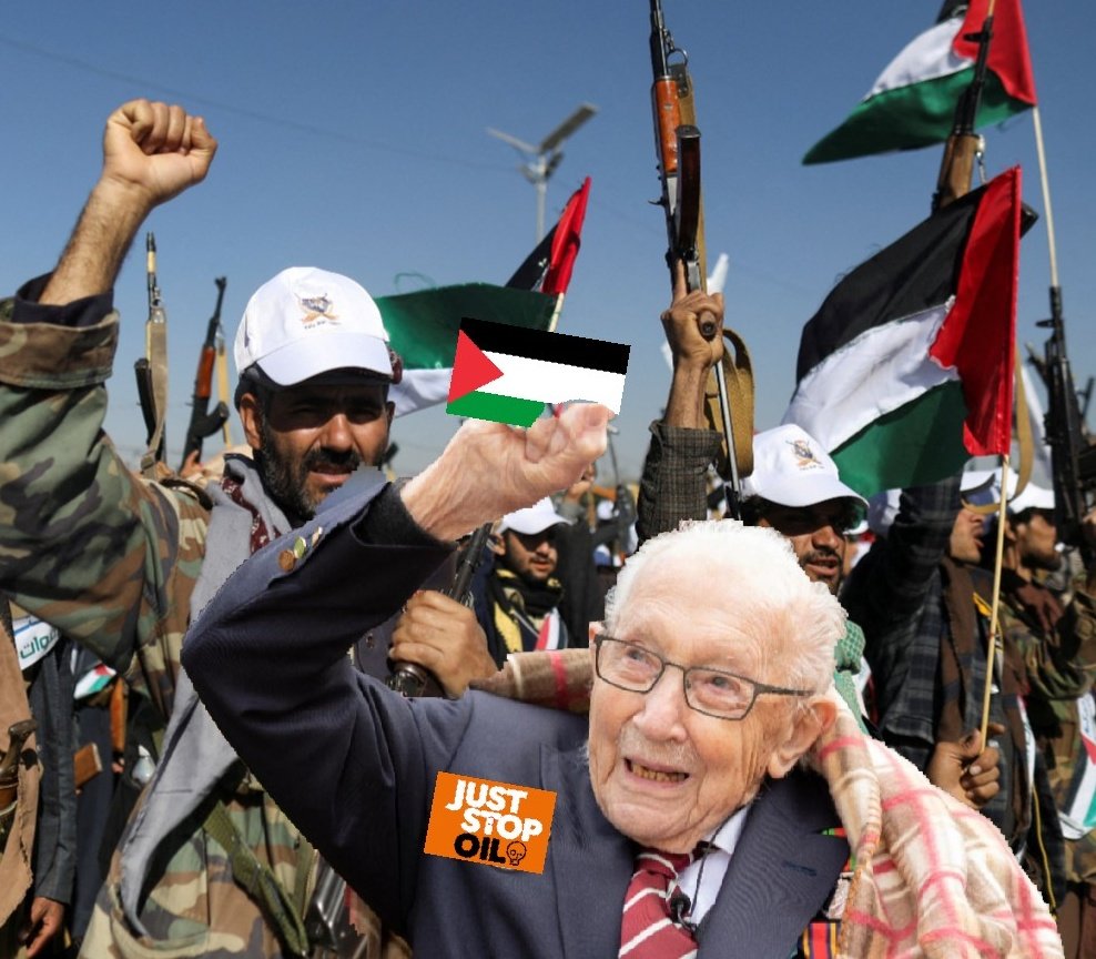 CowKeith's tweet image. 🚨Breaking🚨
Photographed in Yemen today-
Sir Captain Tomas Moore giving his full support to the Houthis and their blockade of Israel  genocide supply ships. He shouted &apos;Viva Palestine&apos; and the lads loved it! ✊🇵🇸🙏✨
All veterans support the Houthis!🇬🇧🙏
#VeteransForTheHouthis