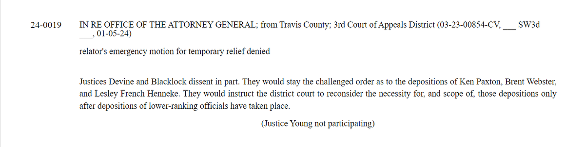 This afternoon, the Supreme Court of Texas denied an OAG emergency motion to prevent the deposition of Attorney General Ken Paxton and other high-level executives in a lawsuit that alleges Paxton violated the Texas Whistleblower Act. txcourts.gov/supreme/orders…