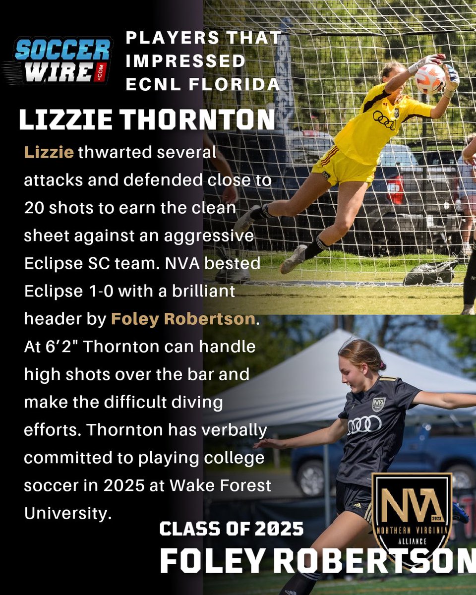 Northern Virginia Alliance ECNL 2007 (@allianceecnl07) on Twitter photo Difference makers in Florida from <a href="/soccerwire/">soccerwire</a>
.
<a href="/LZThornton31/">Elizabeth Thornton</a> and <a href="/FoleyRobertson/">Foley Robertson</a> helped the team reel in a win vs a very tough Eclipse team! <a href="/imcollegesoccer/">College Soccer Truth ™</a> <a href="/ecnlgirls/">ECNL Girls</a> <a href="/imyouthsoccer/">ECNL/GA/Recruiting/College Soccer</a> <a href="/prep_soccer/">prep school soccer</a> <a href="/nvaecnlsoccer/">NVA ECNL Soccer</a> Difference makers in Florida from <a href="/soccerwire/">soccerwire</a>
.
<a href="/LZThornton31/">Elizabeth Thornton</a> and <a href="/FoleyRobertson/">Foley Robertson</a> helped the team reel in a win vs a very tough Eclipse team! <a href="/imcollegesoccer/">College Soccer Truth ™</a> <a href="/ecnlgirls/">ECNL Girls</a> <a href="/imyouthsoccer/">ECNL/GA/Recruiting/College Soccer</a> <a href="/prep_soccer/">prep school soccer</a> <a href="/nvaecnlsoccer/">NVA ECNL Soccer</a>