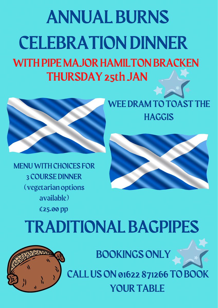 Delighted that Pipe Major Hamilton Bracken will be joining us to pipe in the haggis at our Burns Celebration Dinner on Thursday 25 January. Book your table on 01622 871266