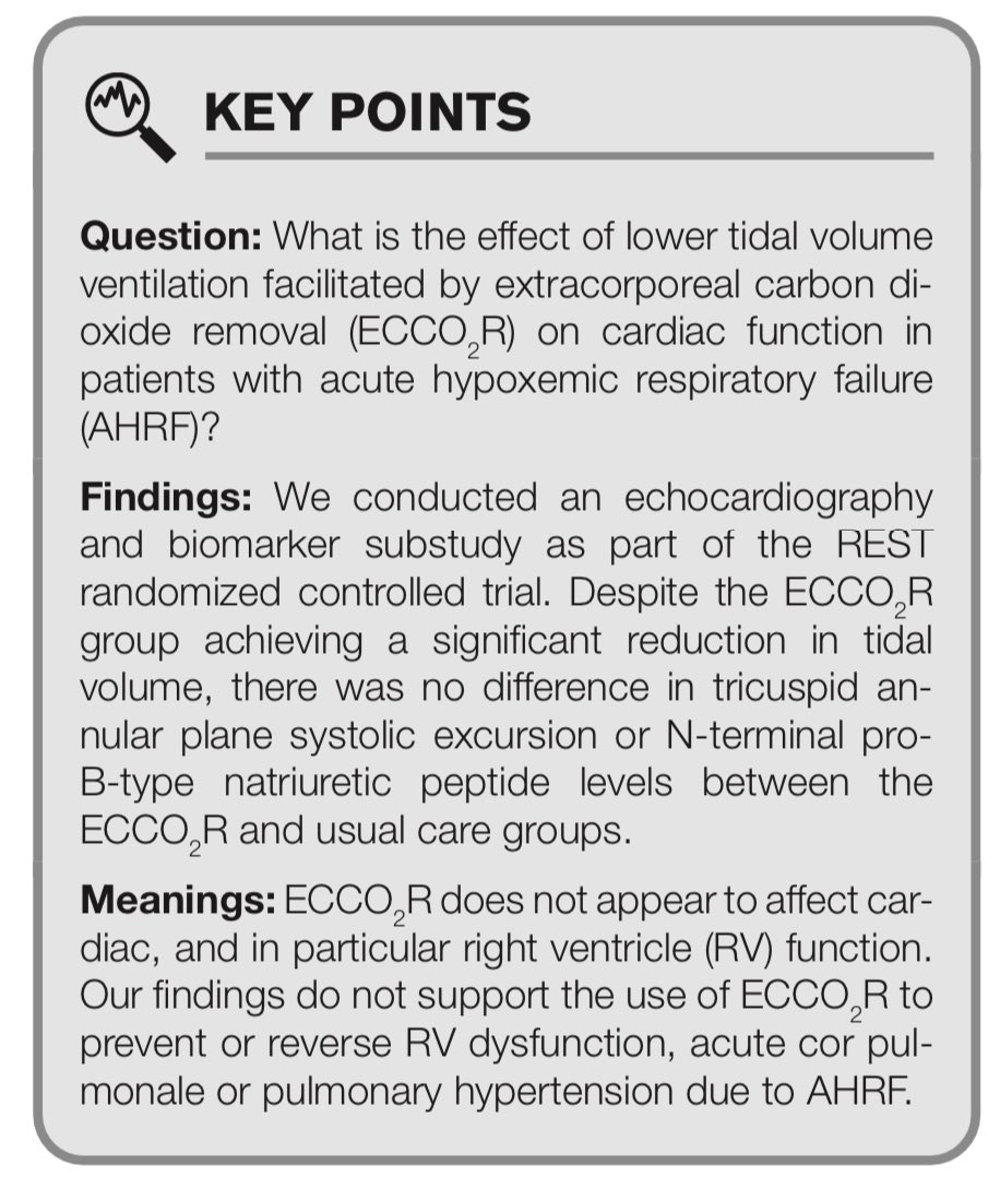 Emma Bowcock (@emma_bowcock) on Twitter photo Great to work with an incredible group on this Echo and Biomarker REST trial Substudy in an area with little data.
<a href="/CritCareExplore/">Critical Care Explorations</a>,thank you <a href="/Pete_McGuigan/">Peter McGuigan</a>
🕵🏻Does reducing tidal volume using extracorporeal CO2 removal (ECCO2R) improve cardiac function in patients with AHRF? Great to work with an incredible group on this Echo and Biomarker REST trial Substudy in an area with little data.
<a href="/CritCareExplore/">Critical Care Explorations</a>,thank you <a href="/Pete_McGuigan/">Peter McGuigan</a>
🕵🏻Does reducing tidal volume using extracorporeal CO2 removal (ECCO2R) improve cardiac function in patients with AHRF?