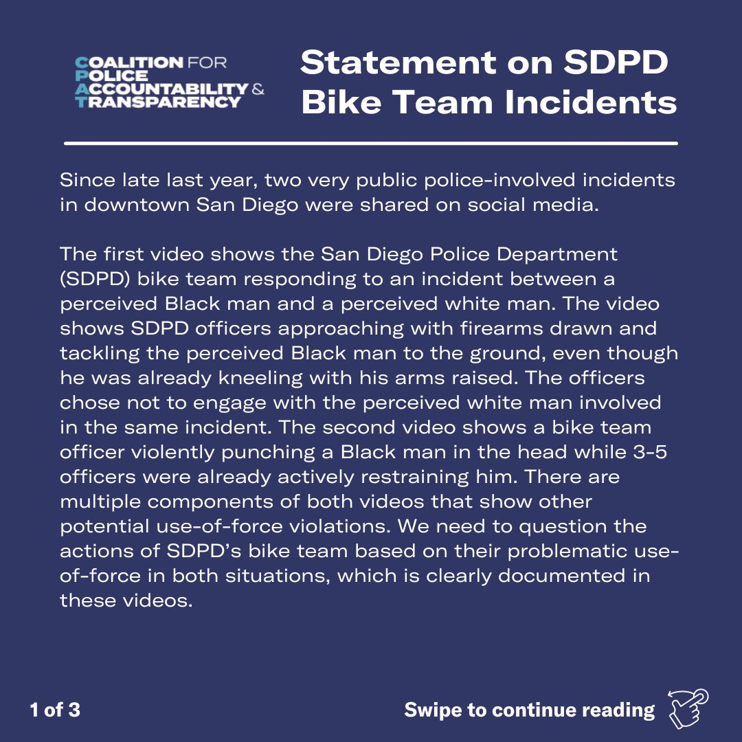 CPATSanDiego's tweet image. CPAT Statement on SDPD Bike Team Incidents:
Since late last year, two very public police-involved incidents in downtown San Diego were shared on social media.
The first video shows the San Diego Police Department (SDPD) bike team responding to an incident between a.. (1/10)