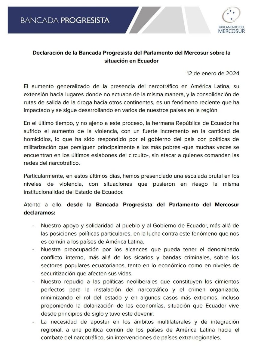 Bancada Progresista (@progresistas_ps) on Twitter photo Declaración de la Bancada Progresista del <a href="/PARLASUR/">Parlamento MERCOSUR</a> respecto a la situación actual en Ecuador Declaración de la Bancada Progresista del <a href="/PARLASUR/">Parlamento MERCOSUR</a> respecto a la situación actual en Ecuador