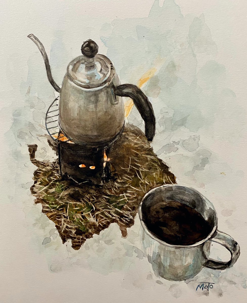 「『 雪上の焚き火とコーヒー 』 透明水彩、サンフラワー画用紙 2023年 #水彩」|モトジママサユキのイラスト
