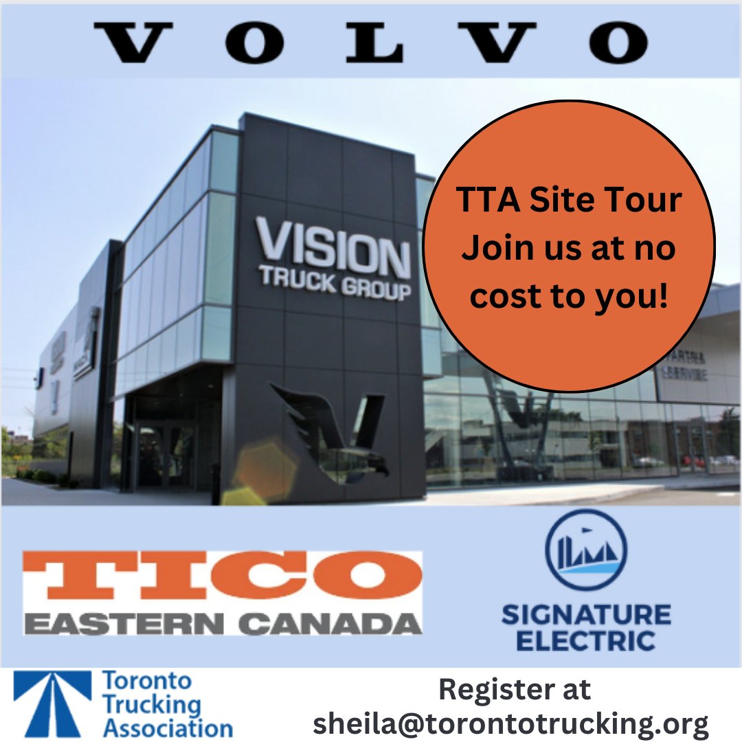 TTA1975's tweet photo. Join the TTA at Vision Truck Group January 30th for an electrifying EV truck site tour! Engage with industry experts from Vision Truck Group, VOLVO Trucks, TICO of Eastern Canada and CheckerFlag and infrastructure specialist Signature Electric. Email sheila@torontotrucking,org https://t.co/XPCVs5NETu