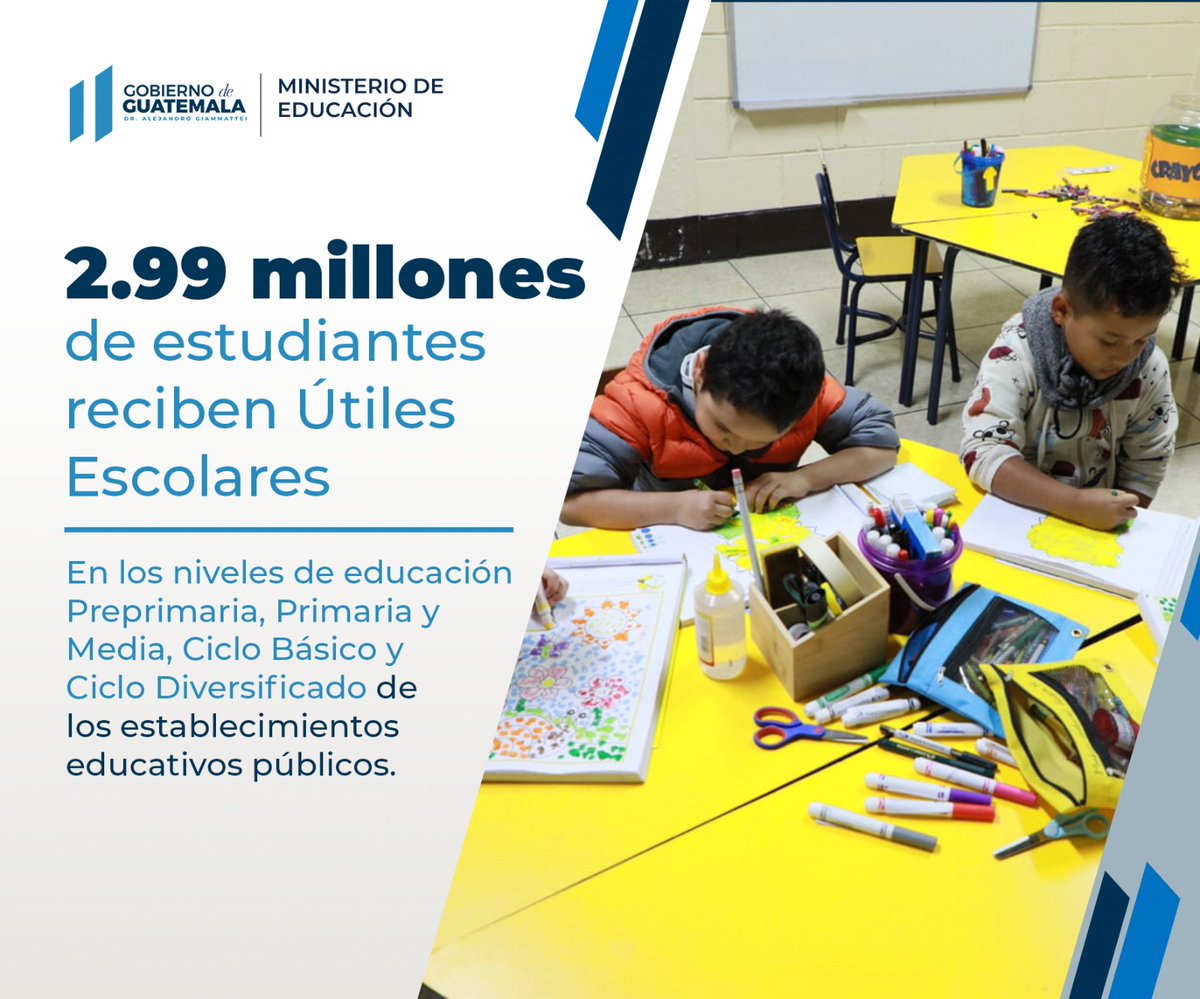 2.99 millones de estudiantes reciben #ÚtilesEscolares 📒.
#Mineduc #CumpliéndoleAGuate