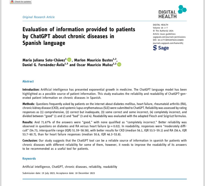 danfermd's tweet photo. Empezamos 2024 con una #nuevapublicacion En este artículo analizamos la información que suministra #chatgpt a pacientes con enfermedades crónicas como #artritisreumatoide, #diabetes, #lupus, #enfermedadrenalcronica y #fallacardiaca
https://t.co/Mfhwok6N0Q https://t.co/IUhRc6UBDy