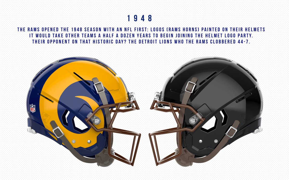 1948  the rams and lions met in week 1, and both teams sported a new look  - the rams debuted their historic horned helmets, while the lions debuted  their new red