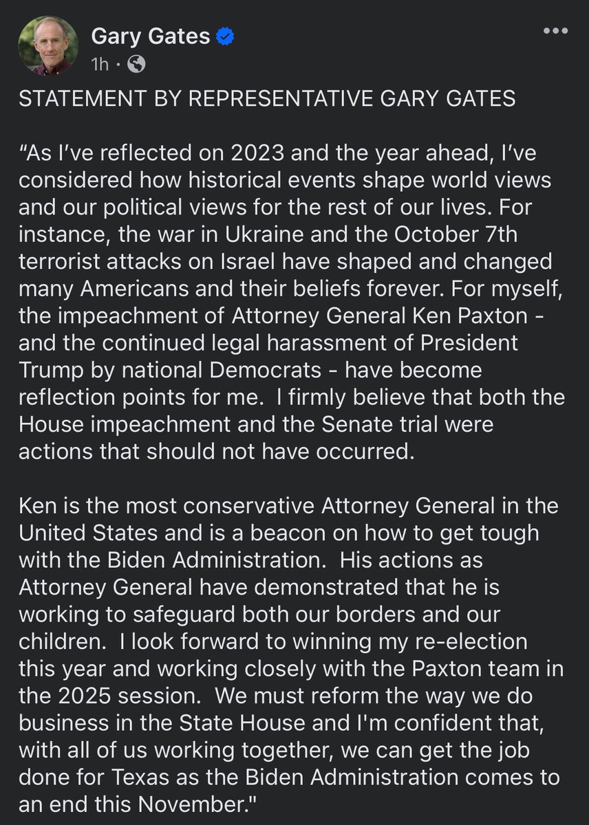 bradj_TX's tweet photo. .@GatesforTexas, who voted to recommend articles of impeachment against @KenPaxtonTX back in May, puts out a statement condemning the impeachment and trial. #txlege
“l firmly believe that both the House impeachment and the Senate trial were actions that should not have occurred.”