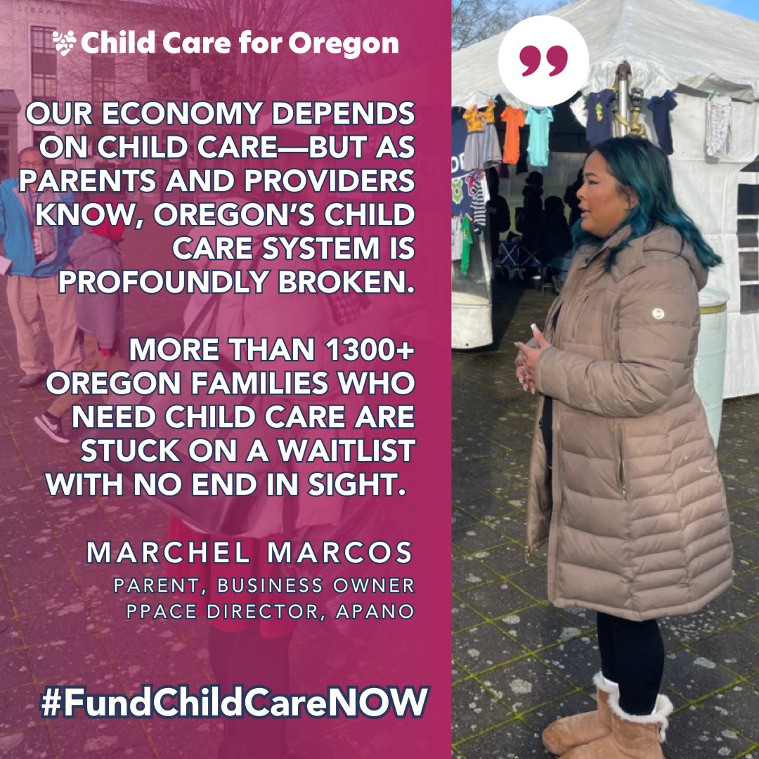 ChildCareForOR's tweet photo. Marchel Marcos (@dearmarchel) is a parent, the PPACE director at @APANO and a small business owner. At yesterday's #FundChildCareNOW event, she shared her concerns re: Oregon's #childcarecrisis... https://t.co/wsyQbsPc40