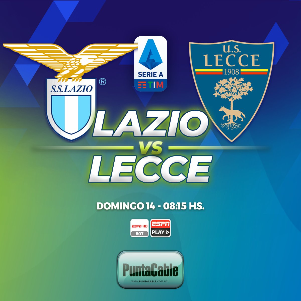 puntacable's tweet photo. ⚽Mañana domingo , a las 08:15 hs. por la Serie A, en vivo:
LAZIO VS. LECCE
Lo disfrutamos por #PuntaCable a través de #ESPNHD y #ESPNplay https://t.co/0SPWPHIDkd