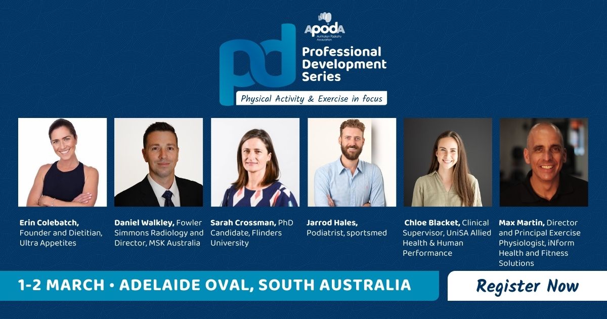 The #Adelaide #ProfessionalDevelopmentSeries will bring together industry experts to share groundbreaking insights into #physicalactivity and #exercise.  

Secure Early Bird pricing here: podiatry.eventsair.com/apoda-professi…