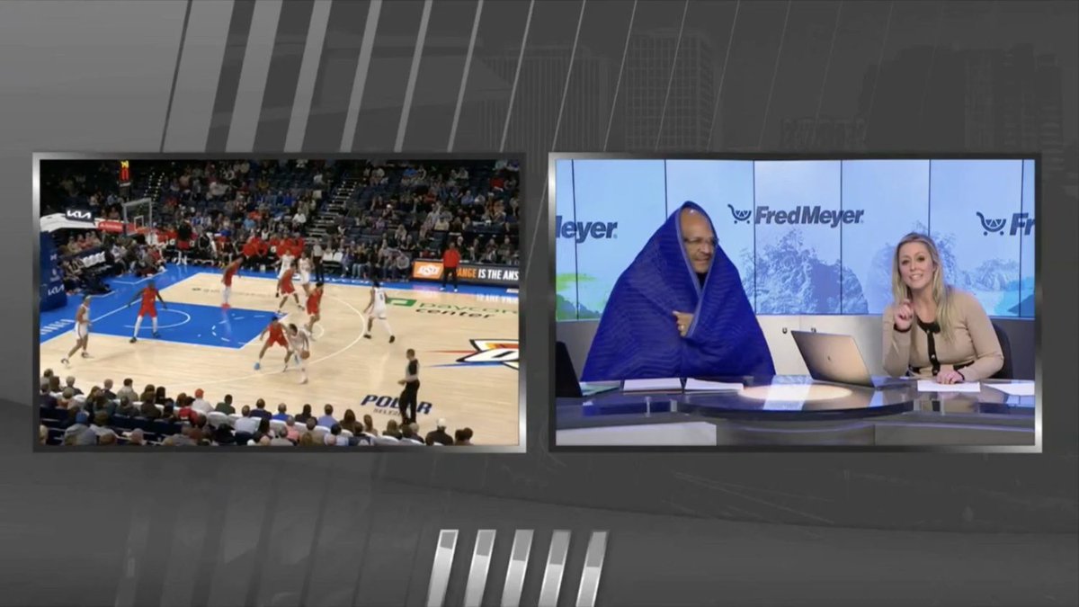 awfulannouncing's tweet photo. The Portland Trail Blazers were so bad the broadcast went split screen with the weather https://t.co/aaZsnR4S7I https://t.co/1etmgu4n4v